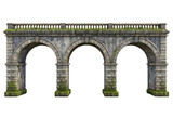 Ancient stone aqueduct with three arches and a decorative railing isolated on transparent background
