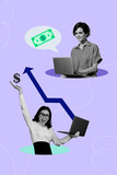 Trendy banner poster image photo collage of happy business partners girls hold laptop freelancer income arrow progress usd