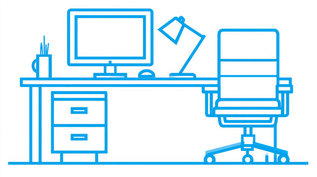 Minimalist office setup illustration featuring a desk, chair, and computer in a clean design.