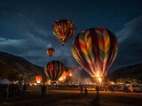 Colorful hot air balloons glow in the night sky, illuminated by their burners. The magical scene captures adventure and the beauty of flight.