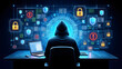 © dotmagic - Hooded cybercriminal hacker using laptop to hack internet in cyberspace but black background internet personal data security concept