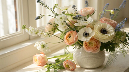 Wall Mural - bouquet of cream and pink ranunculus and anemones in a ceramic vase by the window, space for text