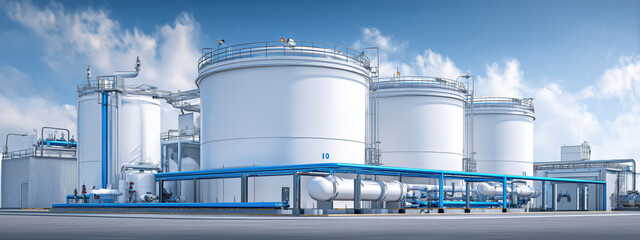 Poster - Modern Oil Storage Facility Featuring Bright White Tanks and Blue Pipes Against a Clear Sky Background