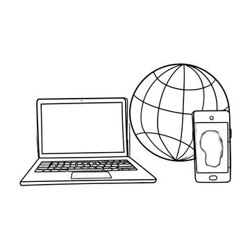 Hand-drawn illustration of laptop, globe, and smartphone symbolizing global connectivity.