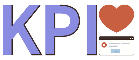 Poster - Term KPI, heart shape symbolizing passion, error popup window indicating challenges in metrics. Ideal for business, analytics, feedback, evaluation, performance motivation goals. Simple flat