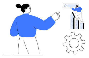Poster - Professional consulting as a woman directs a man with search bar, portraying achievement progress. Cogwheel signifies planning. Ideal for leadership, teamwork, guidance, innovation, strategy, growth