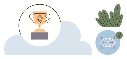 Poster - Golden trophy on pedestal symbolizing achievement, surrounded by abstract cloud, greenery, and a focus icon. Ideal for success, goal setting, recognition, leadership, motivation vision strategy