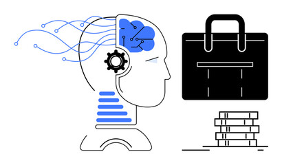 Poster - Head with brain circuits, gear signifying AI, bag illustrating business, stacked coins for finance. Ideal for technology, innovation, AI, automation, business growth modern solutions simple flat