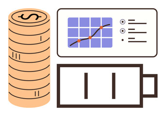 Poster - Coin stack, chart with upward trend, and low battery icon represent financial challenges, sustainability, growth, energy conservation, productivity, economics and business. Ideal for budgets data