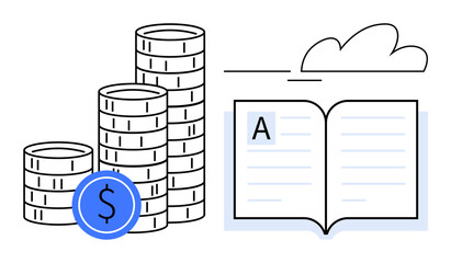 Poster - Open book alongside stacks of coins with a currency mark, signifying financial literacy, education costs, budgeting, knowledge, personal growth, investments, and future opportunity. Ideal