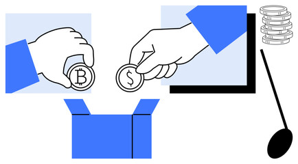 Poster - Hands offering cryptocurrency and dollar coins over an open box, paired with coin stacks and monitor accents. Ideal for finance, donation concepts, savings, technology, exchange, trade, simple flat