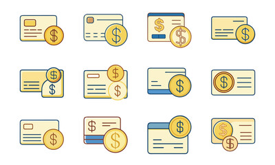 Poster - Collection of vector icons featuring credit cards and us dollar currency in minimalist style