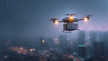 Poster - This drone navigates through heavy rain, transporting packages over a city skyline at night.