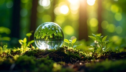 Poster - Glass ball with plants grown on the ground in forest environment concept