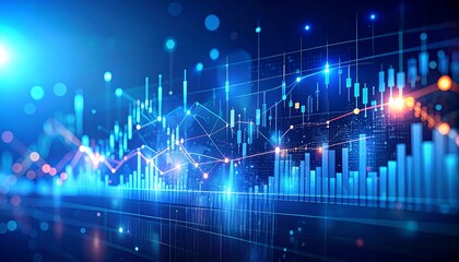 Poster - Insight into stock market expansion, business investments, and data analytics, illustrated with digital charts, graphs, and indicators on a blurred dark blue background