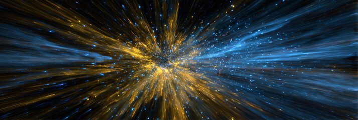 Poster - Abstract Gold and Blue Light Trails in Dark Space