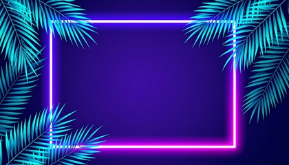 Fototapete - Leaves of coconut palm, green tropical in the square, neon light, presentation background