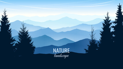 Wall Mural - mountain ranges and hills. fir trees in the foreground. foggy landscape in blue tones. concept of to