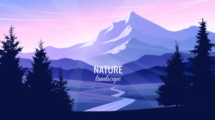 Wall Mural - Mountain landscape. Bright sunset in the mountains. Path running through the valley. Evening twilight. Travel, tourism concept. Vector illustration. Not generated AI.