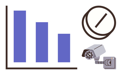 Poster - Bar chart upward trend, CCTV camera, and restriction sign convey data analysis, security, surveillance, prohibition, monitoring, technology regulation. Ideal for privacy risk compliance themes