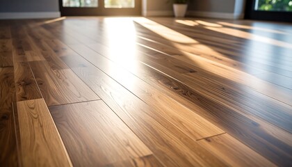 Aufkleber - Home decor concept, wooden laminate floor boards background image, varnished wooden board, shiny polished wood parquet floor taken with low angle