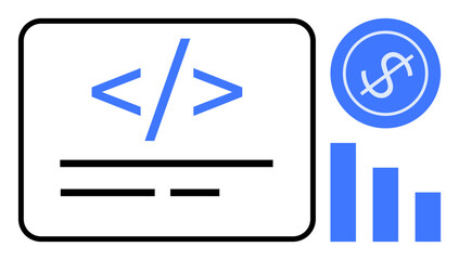 Poster - Code tag symbol beside a coin with a dollar sign and bar chart. Ideal for programming, finance, data, analytics, technology, coding education, and economy concepts. Perfect simple flat metaphor
