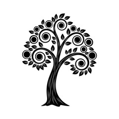 Poster - Stylized black tree with spiral branches and circular fruit on white background