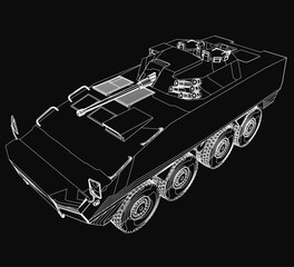 Poster - Armored troop carrier blueprint in 3D model showcases detailed contours and structural design. The vehicle features reinforced plating, tactical wheels, and a robust silhouette.