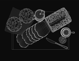 Poster - A black and white wireframe drawing of breakfast items, including a knife, arranged in a 3D model on a dark background. The realistic shading and clean lines create a striking visual effect.