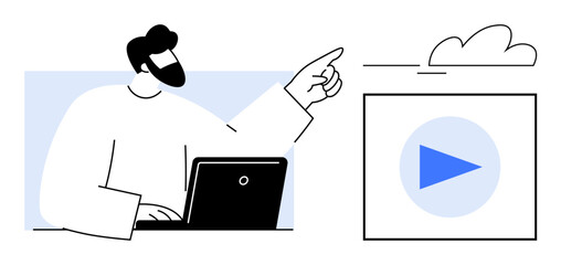 Poster - Bearded man working on laptop, pointing at cloud, highlighting play button. Ideal for concepts thumbs up online learning, digital media, cloud computing, video streaming, creativity, connectivity