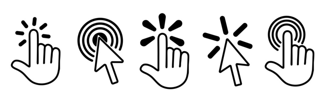 Click here icons set. Computer mouse click cursor and click with hand cursor collection.Vector minimalist design