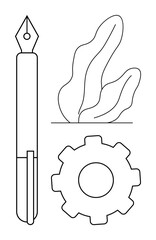 Poster - Fountain pen, gear icon, and abstract leaf design convey themes of creativity, technology, and sustainability. Ideal for writing, innovation, eco-technology, design thinking engineering conceptual