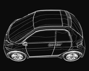 Poster - A small car 3D wireframe model stands out against a black background, showcasing detailed contours of headlights, grille, and wheels. The clean lines highlight the vehicle's sleek design.