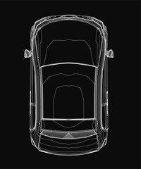 Aufkleber - A small car wireframe in black and white stands out against a dark background. Detailed contours highlight the headlights, grille, and wheels. The minimalist design emphasizes clean lines.