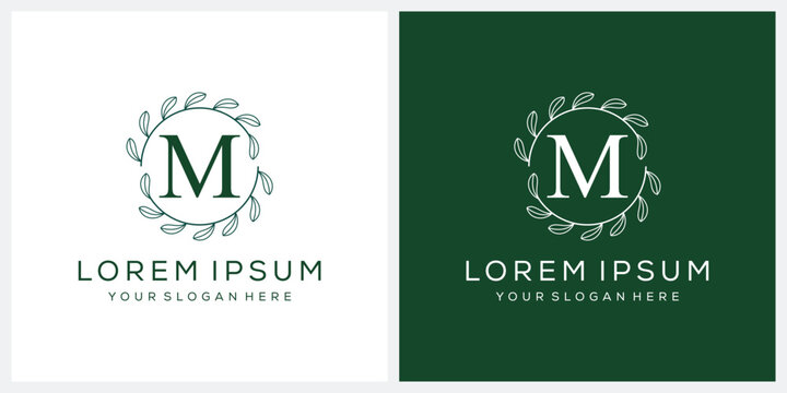 Initial letter M cosmetic spa and fashion logo design, serif font symbol icon, green leaf organic graphic vector