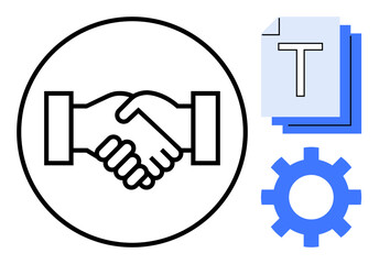 Poster - Handshake representing partnership, documents for communication, gear for workflow. Ideal for teamwork, collaboration, agreement, productivity, partnership, professionalism simple landing page