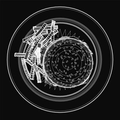Poster - Black and white hamburger illustration with clean white contour lines centered in a circle on a dark background, featuring a minimalist design with strong contrast and visual impact.