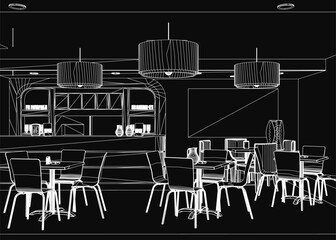 Poster - A black and white contour drawing of a restaurant interior features neatly arranged tables and chairs. Glasses and tableware add detail, while soft lighting enhances the ambiance.