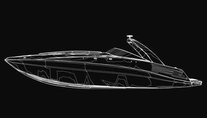 Poster - A sleek speedboat contour stands out in detailed black and white, showcasing smooth curves and dynamic lines. The stark black background emphasizes the boat's elegant design.