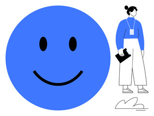 Poster - Giant blue happy face next to professional woman holding documents. Ideal for teamwork, success, optimism, creativity, positivity, corporate culture, personal development. Simple flat metaphor