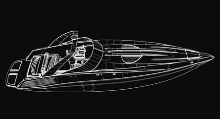 Poster - A sleek speedboat contour stands out in detailed black and white, showcasing smooth curves and dynamic lines against a stark black background. The minimalist design highlights the boat's aerodynamic.