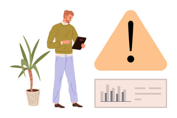 Poster - Man examining tablet near warning sign, a potted plant, and analytics chart. Ideal for workplace safety, risk management, data analysis, strategy planning, decision-making, compliance simple flat