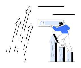 Poster - Person standing atop a bar chart holding a search bar symbolizing progress, research, and growth. Ideal for success, online search, data growth, business strategy, innovation, achievement simple