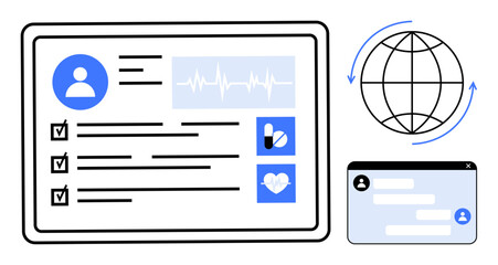 Poster - Health profile screen with heartbeat data, checklist, medicine, global internet connectivity, and chat. Ideal for telemedicine, health apps, digital communication, online interaction healthcare