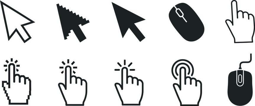 Illustration showing various computer mouse cursors and hand icons in black and white