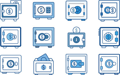 Poster - Collection of blue line art safe box icons illustrating savings and financial security