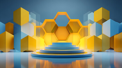 Fototapete - 3d rendering of Yellow and blue abstract geometric background. Scene for advertising, technology, showcase, banner, game, sport, cosmetic, business, metaverse. Sci-Fi Illustration. Product display