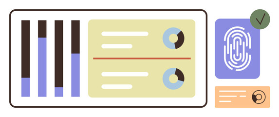 Poster - Bar graphs, pie charts, fingerprint scanning, and card verification elements for identity, data security, and analytics. Ideal for technology, business analysis, security verification digital