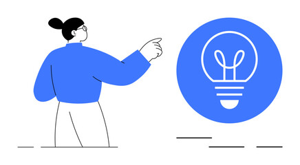 Poster - Woman in blue sweater gesturing toward a large glowing bulb icon, symbolizing creativity and innovation. Ideal for teamwork, brainstorming, innovation, education, idea generation, startups, simple