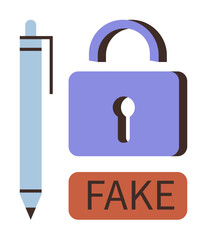 Poster - Pen beside a padlock and a FAKE label addressing security, forgery concerns, verification, privacy, identity, protection, and honesty. Ideal for online security, fraud awareness digital safety